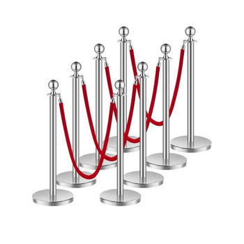 Stanchions and Velvet Ropes 8Pcs, Hollow Base with Stainless Steel Post, 4 Red Velvet Ropes and Posts, Crowd Control Barriers Silver Stanchions, Red Carpet Runner Poles for Party Supplies