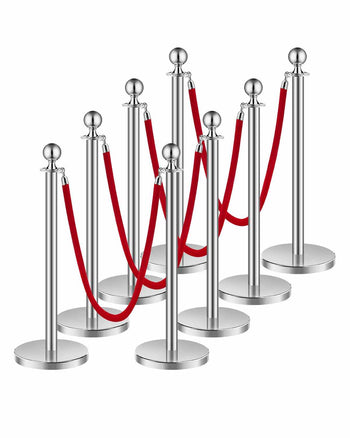 Stanchions and Velvet Ropes 8Pcs, Hollow Base with Stainless Steel Post, 4 Red Velvet Ropes and Posts, Crowd Control Barriers Silver Stanchions, Red Carpet Runner Poles for Party Supplies