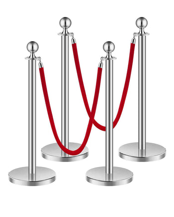 Stanchions and Velvet Ropes 4Pcs, Hollow Base with Stainless Steel Post, 2 Red Velvet Ropes and Posts, Crowd Control Barriers Silver Stanchions, Red Carpet Runner Poles for Party Supplies