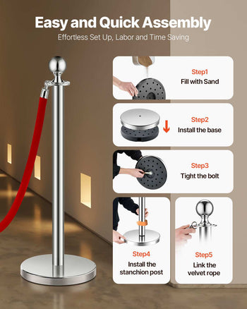 Stanchions and Velvet Ropes 6Pcs, Hollow Base with Stainless Steel Post, 3 Red Velvet Ropes and Posts, Crowd Control Barriers Silver Stanchions, Red Carpet Runner Poles for Party Supplies