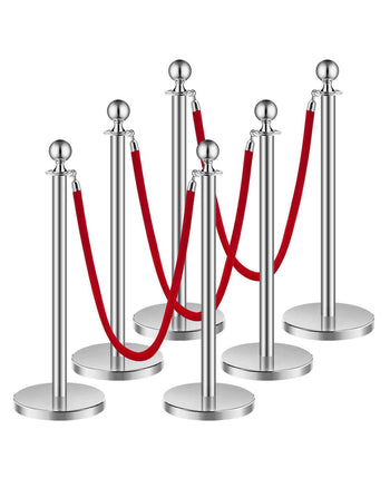 Stanchions and Velvet Ropes 6Pcs, Hollow Base with Stainless Steel Post, 3 Red Velvet Ropes and Posts, Crowd Control Barriers Silver Stanchions, Red Carpet Runner Poles for Party Supplies