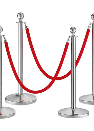 Stanchion Post with Velvet Rope, 4-Pack Crowd Control Stanchion with 2PCS 5FT Red Velvet Ropes, Stainless Steel Queue Barrier Line Divider with Fillable Plastic Base, Ball Top for Wedding Museum