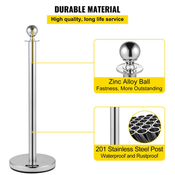 Stanchion Post with Velvet Ropes, 6-Pack Crowd Control Stanchion with 3PCS 5FT Red Velvet Ropes, Stainless Steel Queue Barrier Line Divider with Ball Top for Events, Museums, Parties