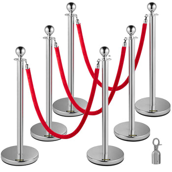 Stanchion Post with Velvet Ropes, 6-Pack Crowd Control Stanchion with 3PCS 5FT Red Velvet Ropes, Stainless Steel Queue Barrier Line Divider with Ball Top for Events, Museums, Parties