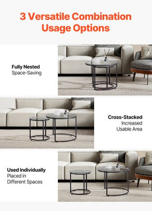 Nesting Coffee Table Set of 2, 23.6 in Round Coffee Table, Glass Nesting Tables for Small Place, Modern End Side Tables Night Stand with Metal Frame, for Living Room, Bedroom, Balcony, Office