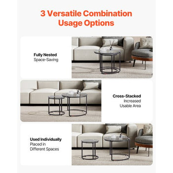 Nesting Coffee Table Set of 2, 23.6 in Round Coffee Table, Glass Nesting Tables for Small Place, Modern End Side Tables Night Stand with Metal Frame, for Living Room, Bedroom, Balcony, Office