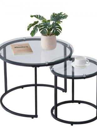 Nesting Coffee Table Set of 2, 23.6 in Round Coffee Table, Glass Nesting Tables for Small Place, Modern End Side Tables Night Stand with Metal Frame, for Living Room, Bedroom, Balcony, Office