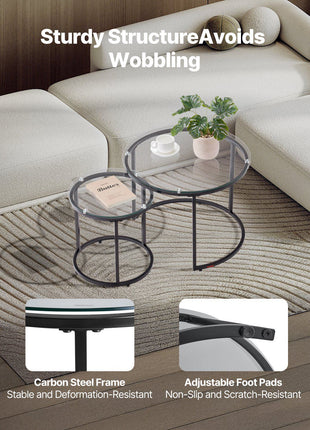 Nesting Coffee Table Set of 2, 23.6 in Round Coffee Table, Glass Nesting Tables for Small Place, Modern End Side Tables Night Stand with Metal Frame, for Living Room, Bedroom, Balcony, Office