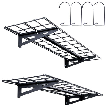 Black metal wall-mounted shelf with grid design, includes four hooks for storage. Ideal for modern home organization.