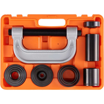 Orange carrying case with silver tool and black adapters for automotive repair, durable materials, compact design.