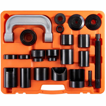 Black and silver hydraulic tool kit in orange case, featuring various adapters and pullers for automotive repairs.