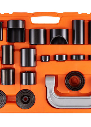 17-piece black and silver hydraulic puller tool set in bright orange storage case for automotive repairs.