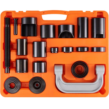 17-piece black and silver hydraulic puller tool set in bright orange storage case for automotive repairs.