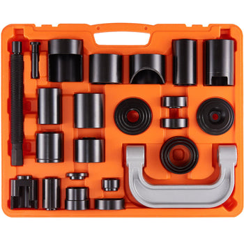Black metal bearing puller tool set in orange sturdy carrying case, includes various sizes and shapes for diverse applications.