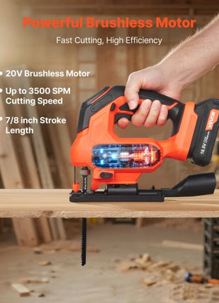 Cordless Jig Saw, 20 V Brushless Motor, 3500 SPM Blade Speed, Cordless Jigsaw with 6 pcs Blades, LED Light, 6 Variable Speed, 0- 45° Bevel Cuts, 4 Orbital Settings, for Wood and Metal Cutting
