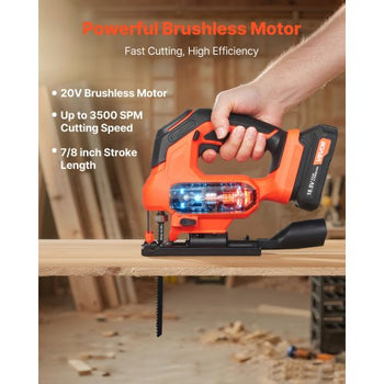 Cordless Jig Saw, 20 V Brushless Motor, 3500 SPM Blade Speed, Cordless Jigsaw with 6 pcs Blades, LED Light, 6 Variable Speed, 0- 45° Bevel Cuts, 4 Orbital Settings, for Wood and Metal Cutting