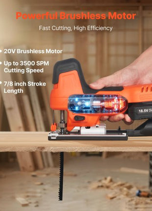 Cordless Jig Saw, 20 V Brushless Motor, 3500 SPM Blade Speed, Cordless Jigsaw with 6 pcs Blades, LED Light, 6 Variable Speed, 0- 45° Bevel Cuts, 4 Orbital Settings for Straight/Circle Cutting