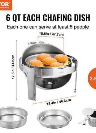 Roll Top Chafing Dish Buffet Set, 6 Qt 2 Pack, Stainless Steel Chafer with 2 Full Size Pans, Round Catering Warmer Server with Lid Water Pan Stand Fuel Holder, for at Least 5 People Each