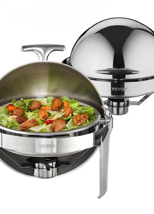 Roll Top Chafing Dish Buffet Set, 6 Qt 2 Pack, Stainless Steel Chafer with 2 Full Size Pans, Round Catering Warmer Server with Lid Water Pan Stand Fuel Holder, for at Least 5 People Each
