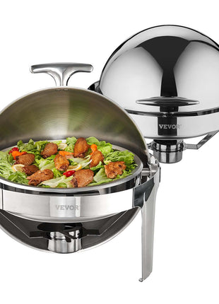 Stainless steel chafing dish set with chrome lid for elegant catering, featuring a sleek design and durable materials.