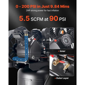 25-Gallon Air Compressor, 2HP 5.5 SCFM at 90PSI, Max 200PSI Pressure Oil-Lubricated Air Compressor Tank, Portable on Wheels for Auto Repair, Tire Inflation, Spray Painting, Woodwork Nailing, 120V