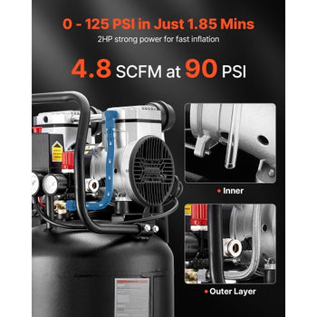 10-Gallon Air Compressor, 2HP 4.8 SCFM at 90PSI, Max 125PSI Pressure Oil-Free Air Compressor Tank, Portable on Wheels for Auto Repair, Tire Inflation, Spray Painting, Woodwork Nailing, 120V