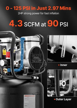 14-Gallon Air Compressor, 2HP 4.3 SCFM at 90PSI, Max 125PSI Pressure Oil-Free Air Compressor Tank, Portable on Wheels for Auto Repair, Tire Inflation, Spray Painting, Woodwork Nailing, 120V