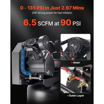 20-Gallon Air Compressor, 2HP 6.5SCFM at 90PSI, Max 135PSI Pressure Oil-Lubricated Air Compressor Tank, Portable on Wheels for Auto Repair, Tire Inflation, Spray Painting, Woodwork Nailing, 120V