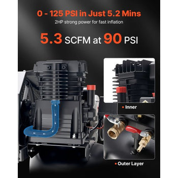 30-Gallon Air Compressor, 2HP 5.3SCFM at 90PSI, Max 125PSI Pressure Oil-Lubricated Air Compressor Tank, Portable on Wheels for Auto Repair, Tire Inflation, Spray Painting, Woodwork Nailing, 120V