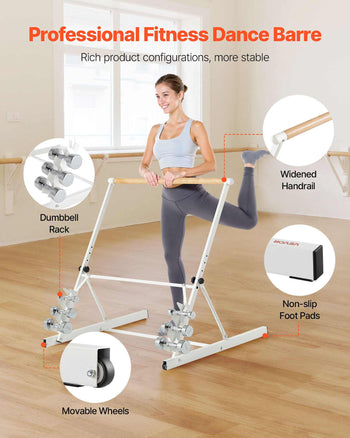 Ballet Barre, 3 ft Freestanding Portable Barre Bar, Home Fitness Exercise Equipment for Abs, Arms, Strength, and Cardio, Easy to Store Foldable Stretching Dance Bars, 4 Level Height Adjustable