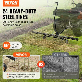 Tow Behind Dethatcher, 60-inch Tow Dethatcher with 24 Steel Tines, Lawn Dethatcher Rake for ATV or Mower, Tow Behind Lawn Rake with Lift Handle for Leaves, Pine Needles, and Grass