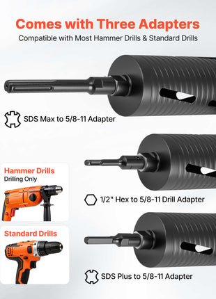 Core Drill Bit, 4-1/4 inch Diameter, 9-1/2 inch Drilling Depth, 5/8-11 Internal Thread, Diamond Dry Coring Bit with 3 Adapters, Pilot Drill and Hex Wrench, for Concrete, Red Bricks, and Masonry