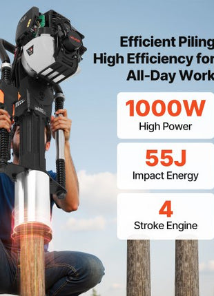 Gas Powered T Post Driver, 37.7cc 4-Stroke Engine Efficient Post Pounder with 3 Piling Sleeves, Vibration-Reducing Handle, Heavy Duty Fence Pile Driver for Farm, Orchard, Road Work, Landscaping