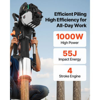 Gas Powered T Post Driver, 37.7cc 4-Stroke Engine Efficient Post Pounder with 3 Piling Sleeves, Vibration-Reducing Handle, Heavy Duty Fence Pile Driver for Farm, Orchard, Road Work, Landscaping