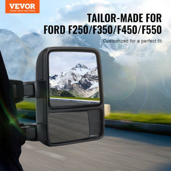 Towing Mirrors, Left & Right Pair Set for 2008-2016 Ford F250 F350 F450 F550, Power Heated with Signal Light, Plane & Convex Glass, Manual Controlling Telescoping Folding, Heating Defrost, Black