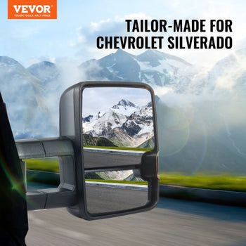 Towing Mirrors, Left & Right Pair Set for Chevrolet Silverado (2007-2014)/GMC/Cadillac, Power Heated with Signal Light & LED Driving Light, Manual Telescoping Folding, and Heating Defrost, Black
