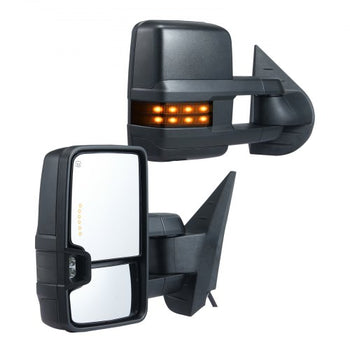 Towing Mirrors, Left & Right Pair Set for Chevrolet Silverado (2007-2014)/GMC/Cadillac, Power Heated with Signal Light & LED Driving Light, Manual Telescoping Folding, and Heating Defrost, Black