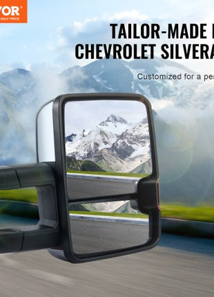 Towing Mirrors, Left & Right Pair Set for Chevrolet Silverado (2003-2007)/GMC/Cadillac, Power Heated Tow Mirror with Signal Light, Manual Controlling Telescoping Folding, Heating Defrost, Silver