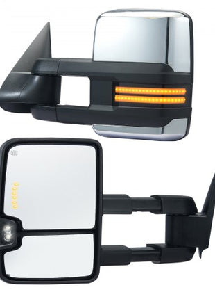 Towing Mirrors, Left & Right Pair Set for Chevrolet Silverado (2003-2007)/GMC/Cadillac, Power Heated Tow Mirror with Signal Light, Manual Controlling Telescoping Folding, Heating Defrost, Silver