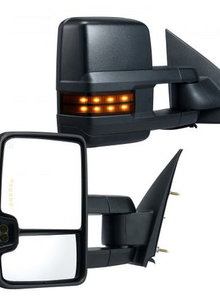 Towing Mirrors, Left & Right Pair Set for Chevrolet Silverado (2003-2007)/GMC/Cadillac, Power Heated with Signal Light & LED Driving Light, Manual Telescoping Folding, and Heating Defrost, Black