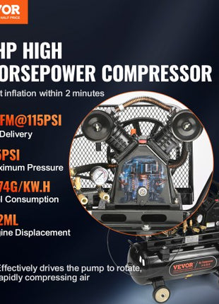 7HP Gas Powered Air Compressor, 13.2 Gallon Horizontal Air Compressor Tank, 9CFM@115PSI Gas Driven Piston Pump Air Compressed System with 115PSI Max Pressure for Construction Sites Workshop