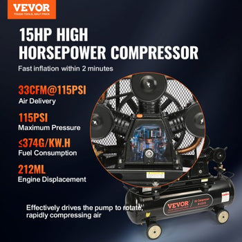 15HP Gas Powered Air Compressor, 30 Gallon Horizontal Air Compressor Tank, 33CFM@115PSI Gas Driven Piston Pump Air Compressed System with 115PSI Max Pressure for Construction Sites Workshop