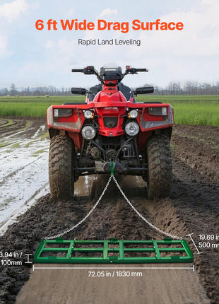 Drag Harrow, 6 ft Heavy Duty Tow Behind Drag Harrow with Adjustable Bars & 72 in Chain, Driveway Grader Landscape Rake for ATV, UTV, Tractor, Mower Tow Behind Yard Lawn Leveling Tool