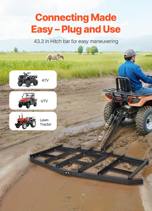 Drag Harrow, 84" Width Tow Behind Drag Harrow, Q235 Steel Driveway Grader with Adjustable Bars & Pin Hitch, Support up to 50 lbs, Tractor Driveway Harrow for ATVs, UTVs, Garden Lawn Tractors