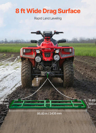 Drag Harrow, 8 ft Heavy Duty Tow Behind Drag Harrow with Adjustable Bars & 72 in Chain, Driveway Grader Landscape Rake for ATV, UTV, Tractor, Mower Tow Behind Yard Lawn Leveling Tool