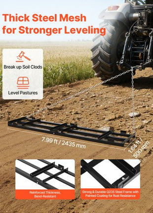 Drag Harrow, 96 x 20 in, Tow-Behind Driveway Grader with Adjustable Width & 50lbs Load Capacity, Heavy Duty Lawn Leveling Rake, Galvanized Steel Gravel Driveway Drag, Fits ATVs UTVs Tractors