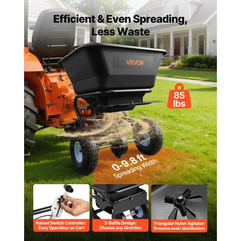 Tow-Behind Spreader, 9.8 ft Spreading Width, Broadcast Spreader with 10" All-Terrain Tires, 85 lbs Capacity Hopper, Adjustable Flow Control, Lawn Spreaders for Seed Fertilizer Ice Melt