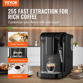 Automatic Espresso Machine, 20 Bar Auto Coffee Machine with Frother Steam Wand, Built-In Grinder and 15-Level Grinding Settings, Professional Espresso Coffee Maker with 1.5L Water Tank