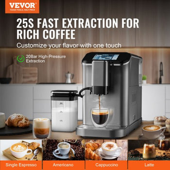 Fully Automatic Espresso Machine - with Automatic Milk Frother, 20 Bar Super-Automatic Cappuccino Latte Machine with TFT Touch Screen, Grinder, 15 Grinding Levels, and Removable Milk Reservoir