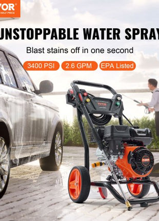 Gas Pressure Washer, 3400 PSI 2.6 GPM, Gas Powered Pressure Washer with Aluminum Pump, Spray Gun and Extension Wand, 5 Quick Connect Nozzles, for Cleaning Cars, Homes, Driveways, Patios